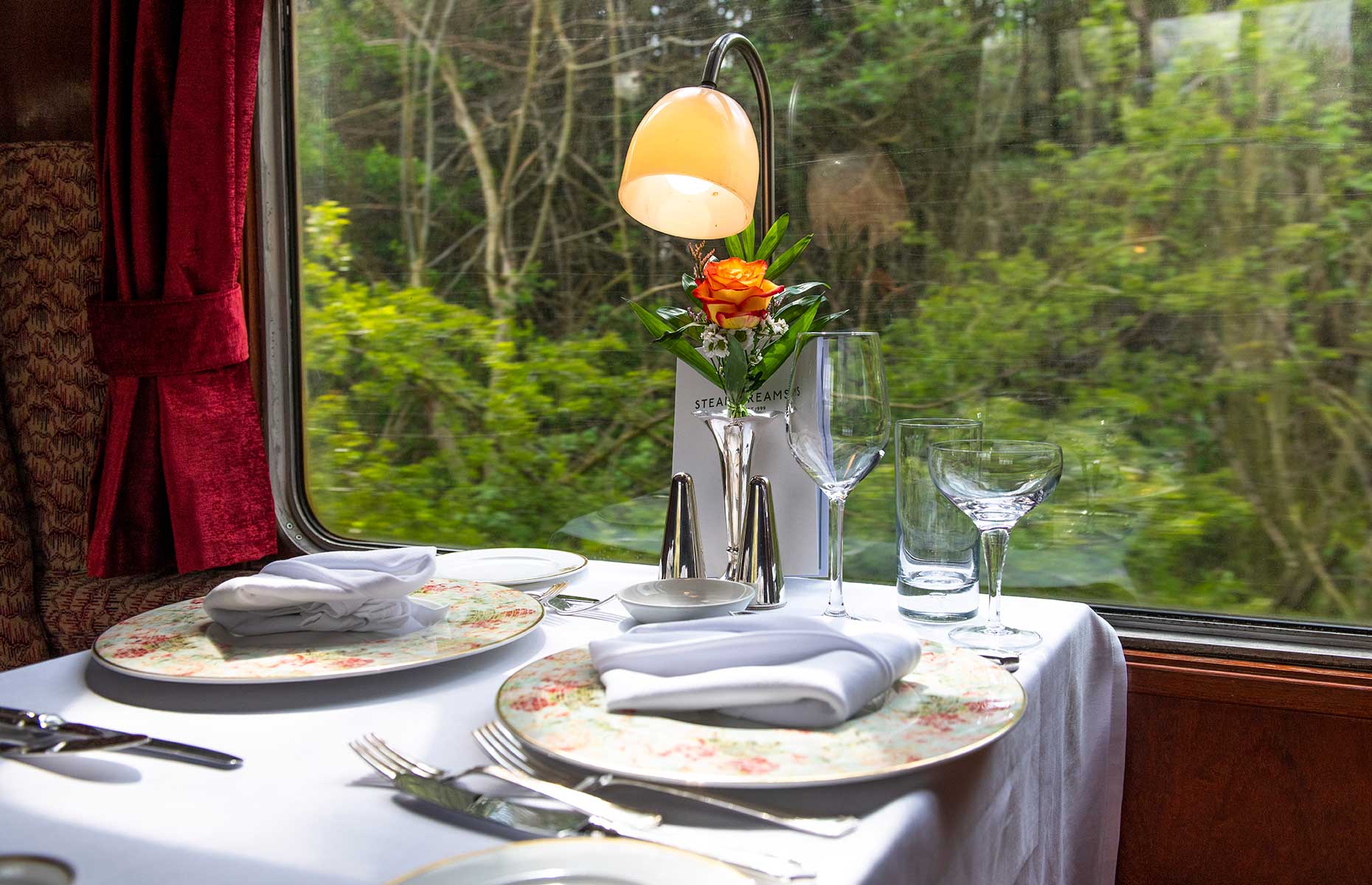 Pullman style dining carriages on board the Mayflower (Image: Steam Dreams)