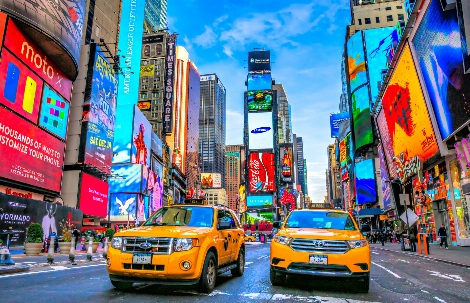 Times Square New York and yellow taxis