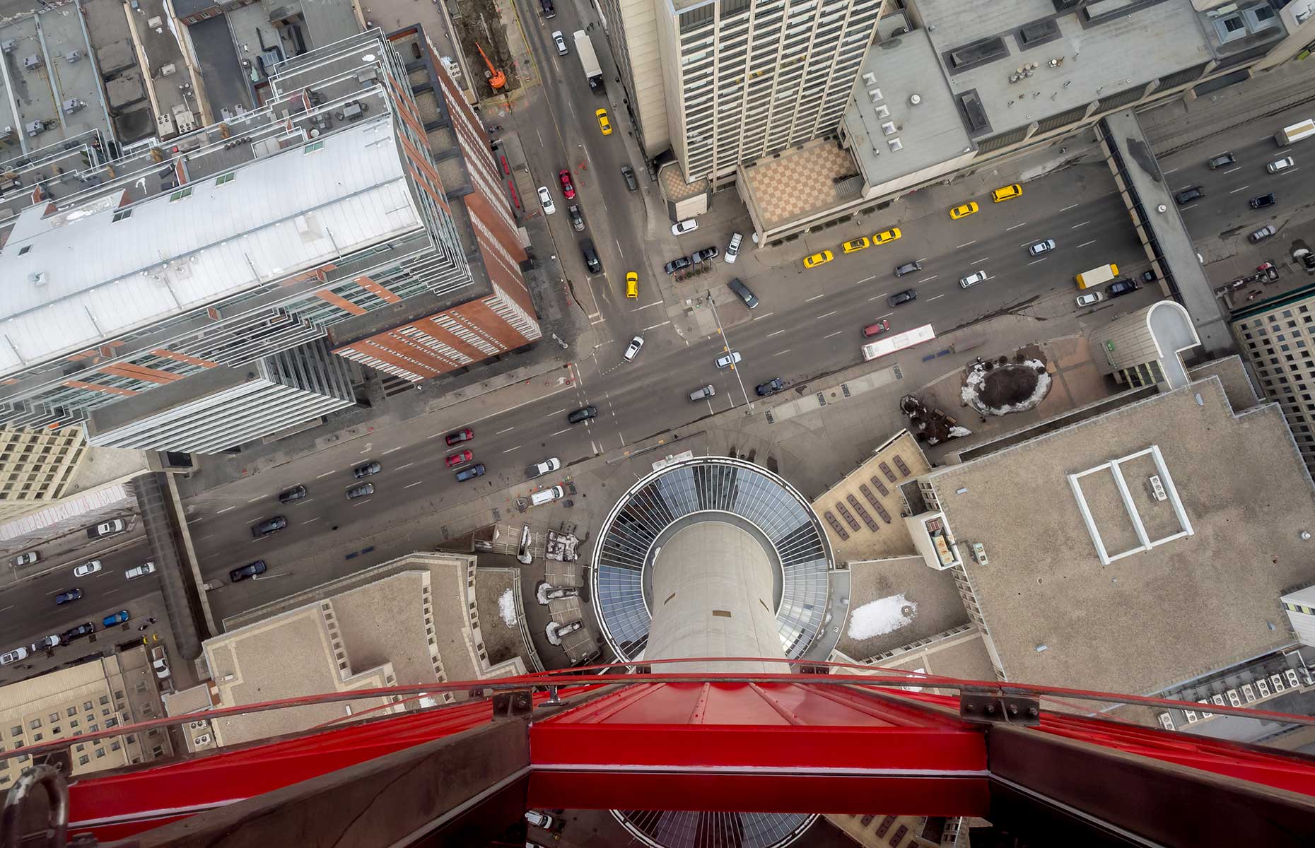 View from the glass-floored observation deck of Calgary Tower