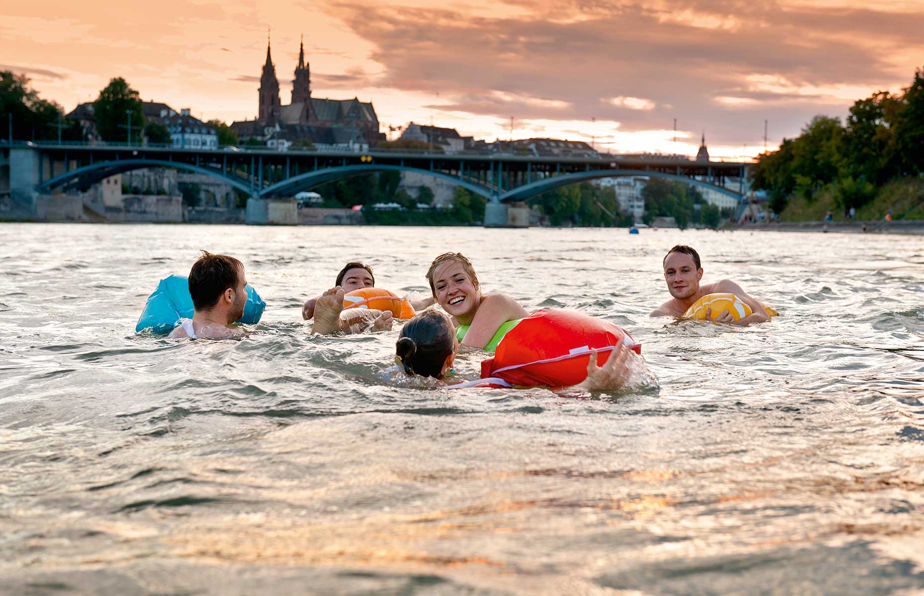 Swimming in the Rhine in summer in Basel