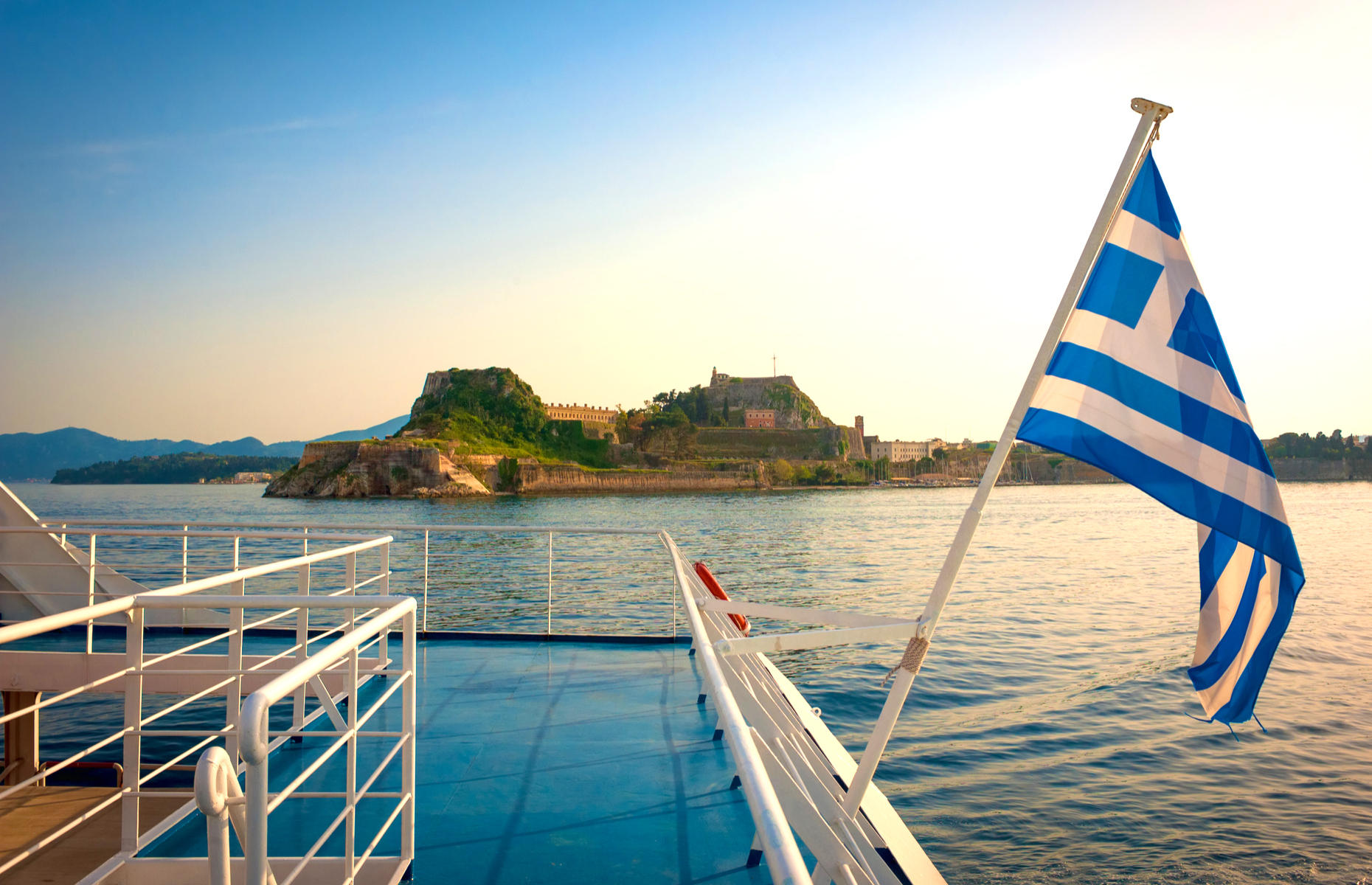 Ferry view of Corfu Castle in Greece