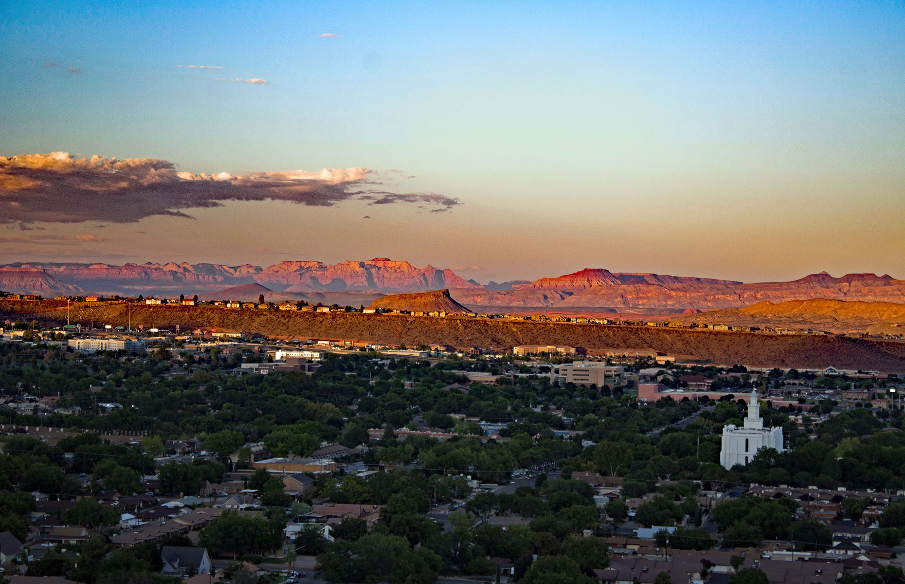 St George, Utah, at Sunset with the Mormon temple in the bottom right