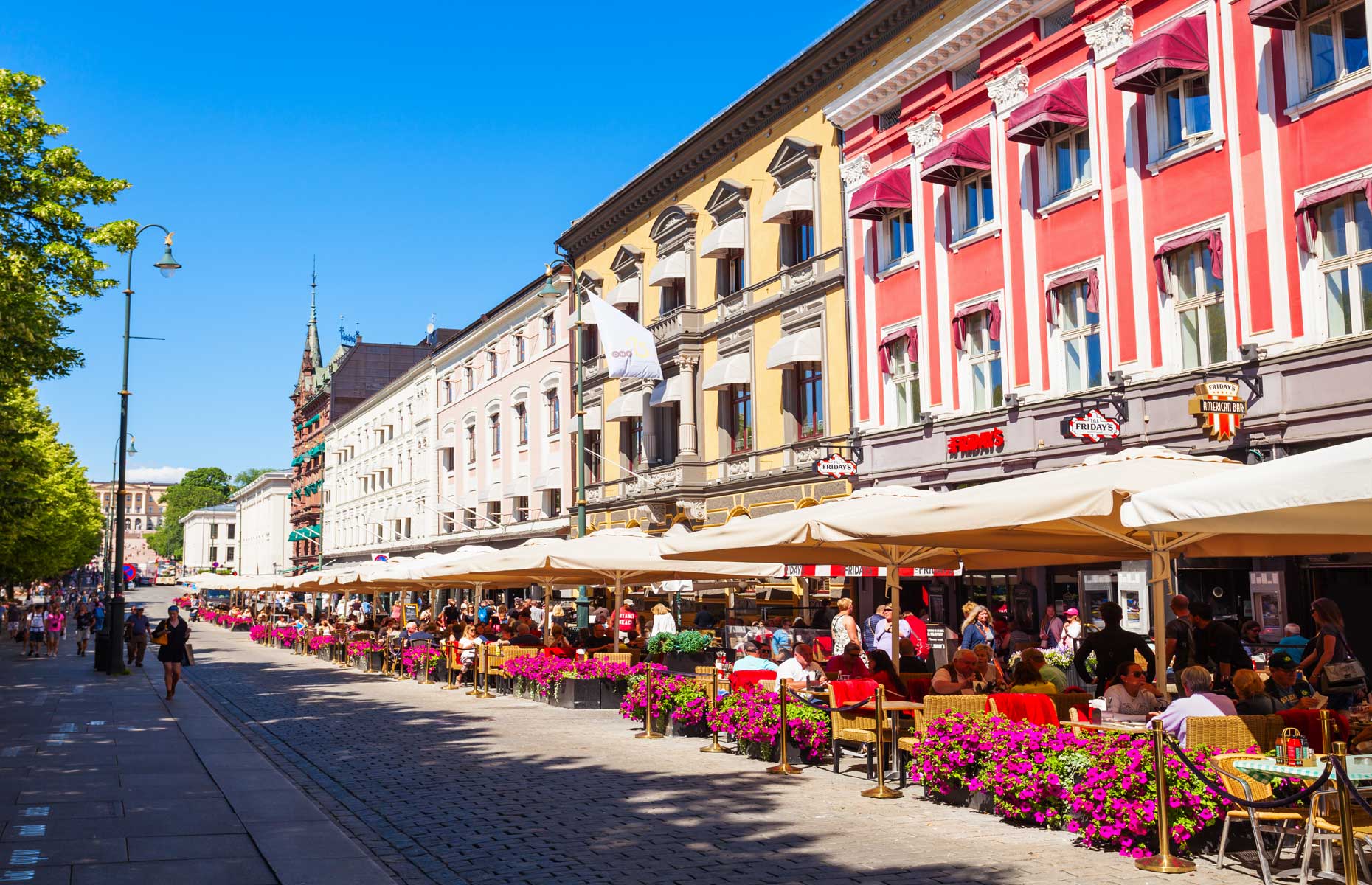 A line of cafes in Oslo, Nowway, during summer