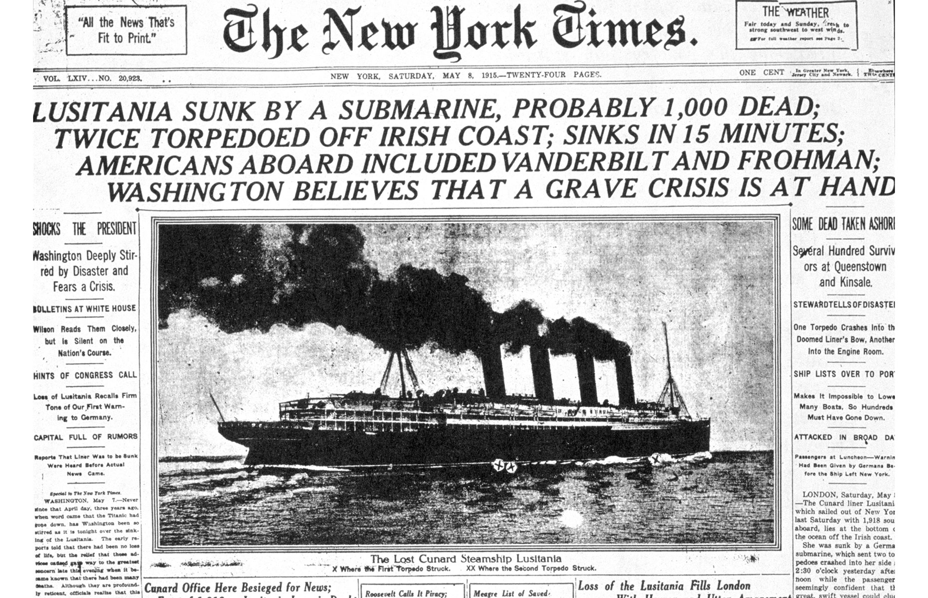 Front page of the New York Times with the original news story from May 2015 about the sinking of the liner Lusitania (Image: MPI/Getty Images)