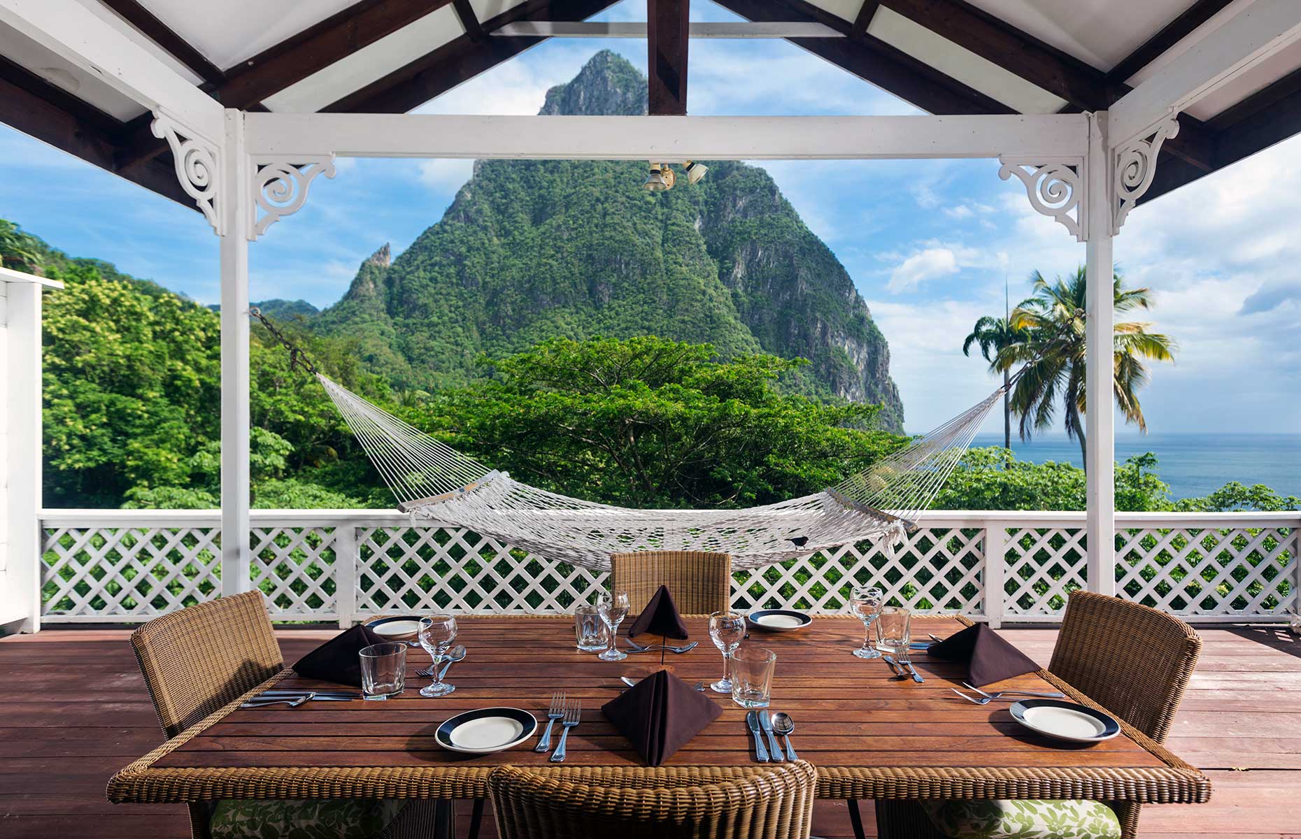 View of the triangular-shaped Ption Mountains, St Lucia from the window of a villa at Stonefield Villa Resort (Image: Courtesy of Stonefield Villa Resort)