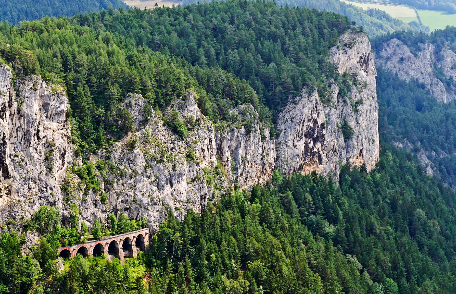 Semmering Railway in Lower Austria with a viaduct surrounded by pine trees (Image: dinkaspell/Shutterstock)