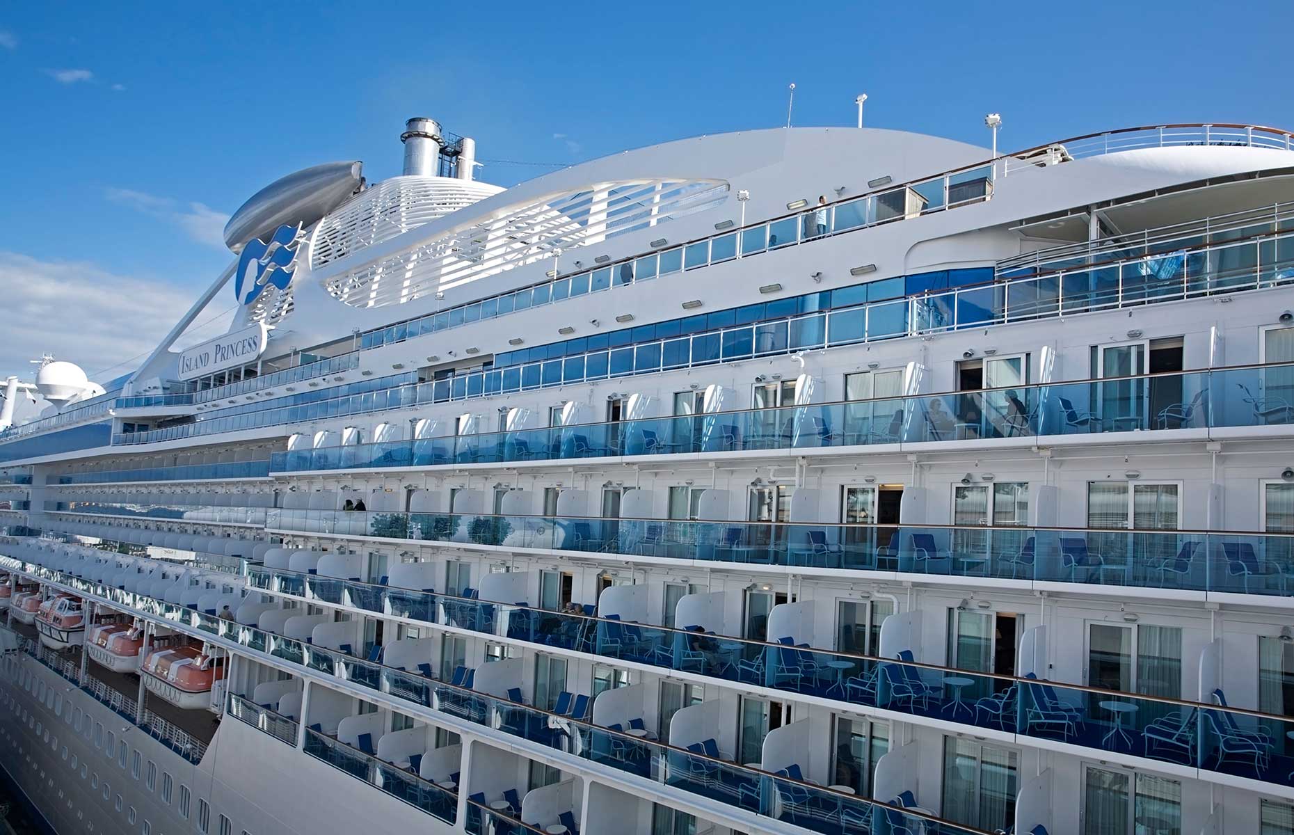 Island Cruises ship, a Princess Cruises vessels exterior with balconies (Image: Tryphosa Ho/Alamy Stock Photo)