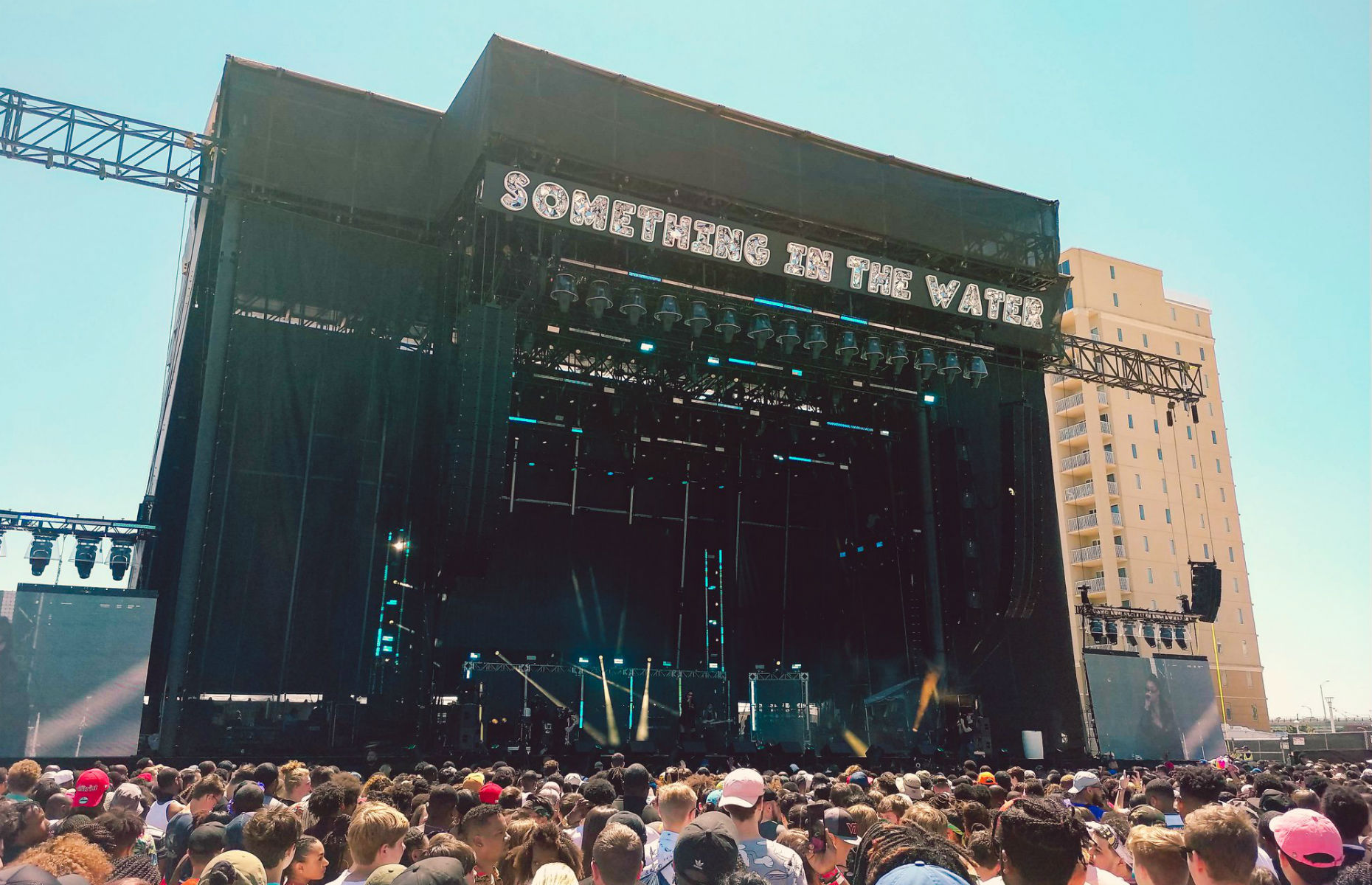 Stage and crowd at Something in the water Festival