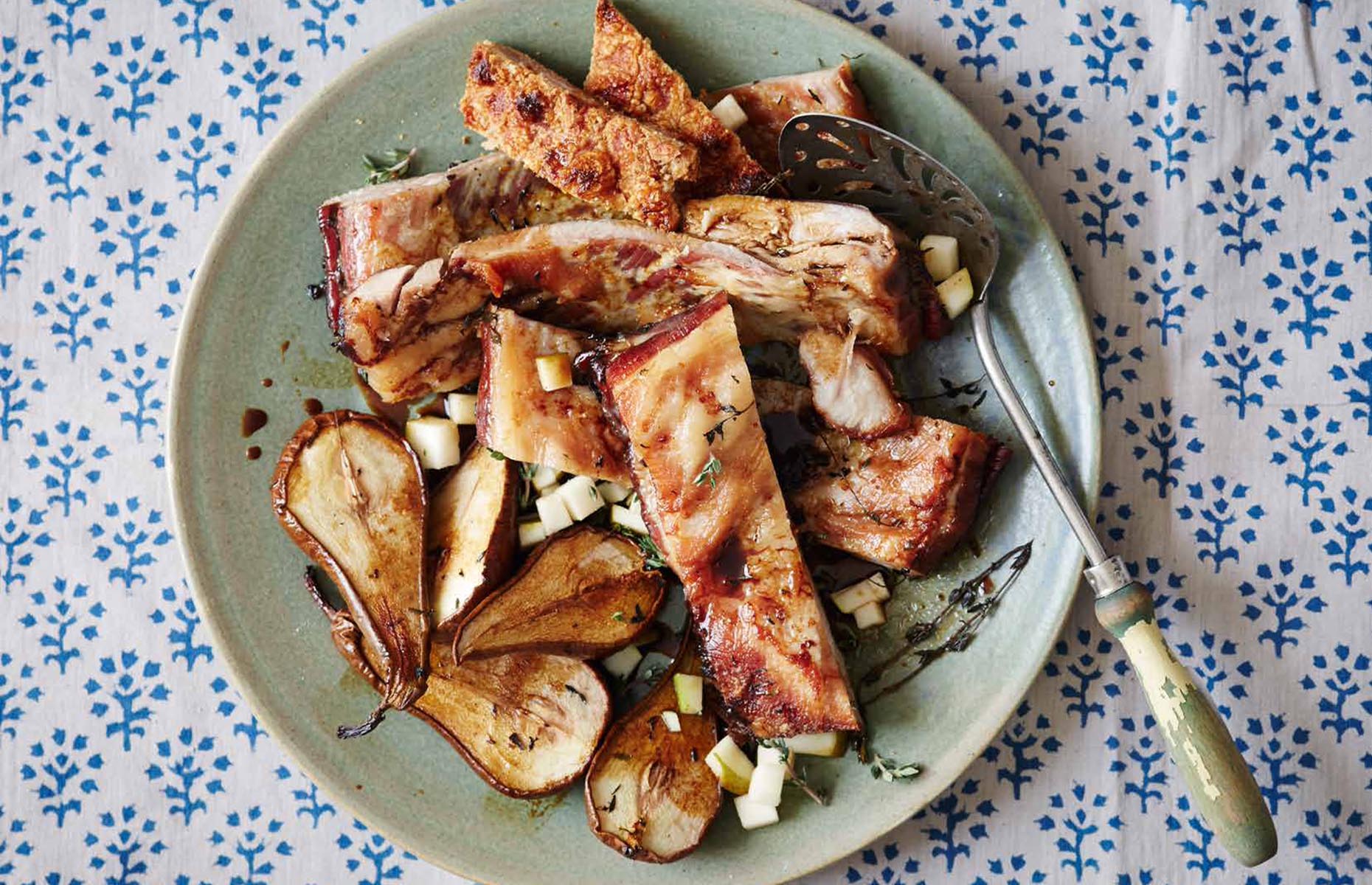 Roasted pork belly with pears and thyme (Image: The Really Quite Good British Cookbook/Nourish Books)