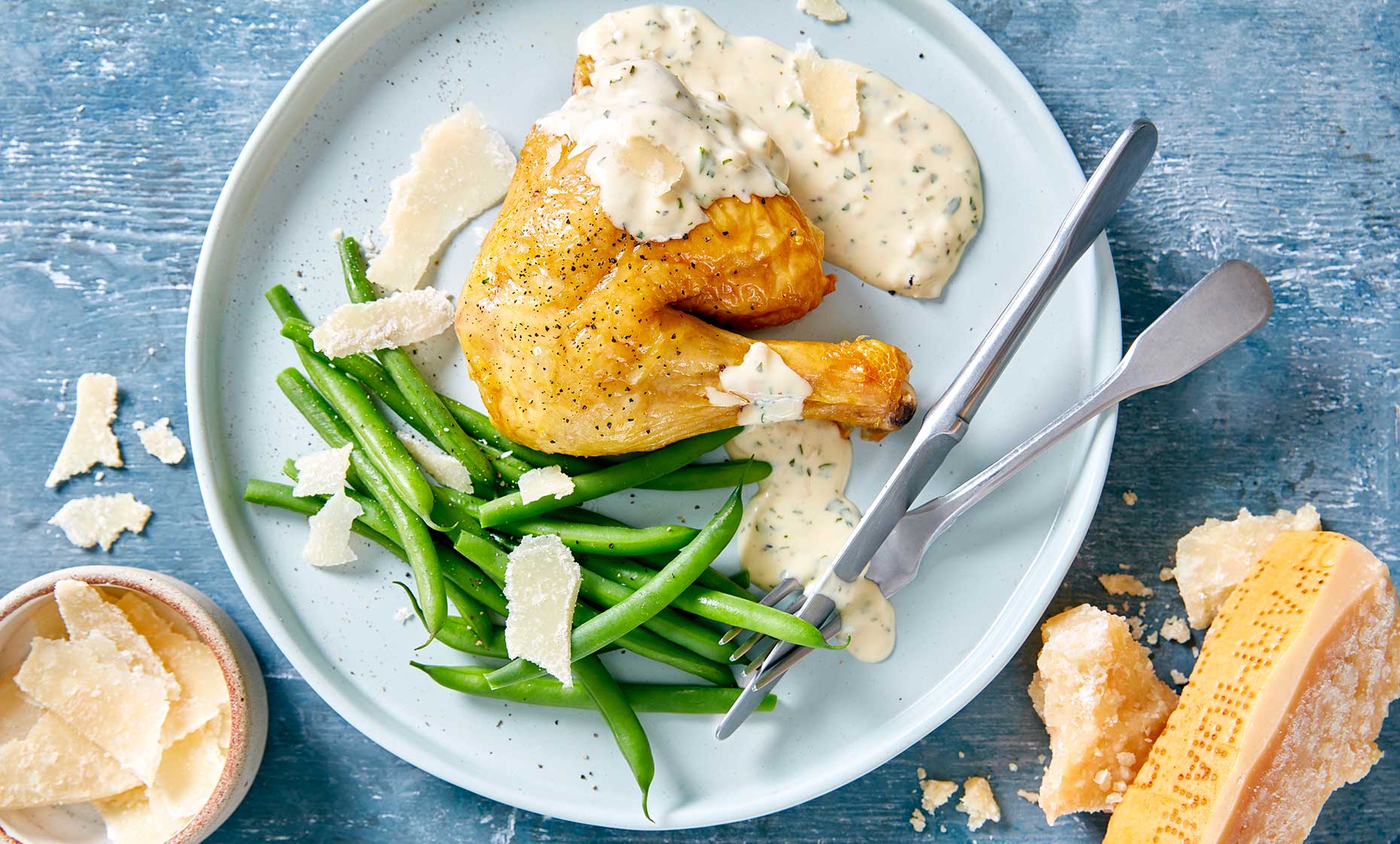 Roast chicken with Parmesan sauce (Image: Photographed and styled at Steve Lee Studios, courtesy of Parmigiano Reggiano)