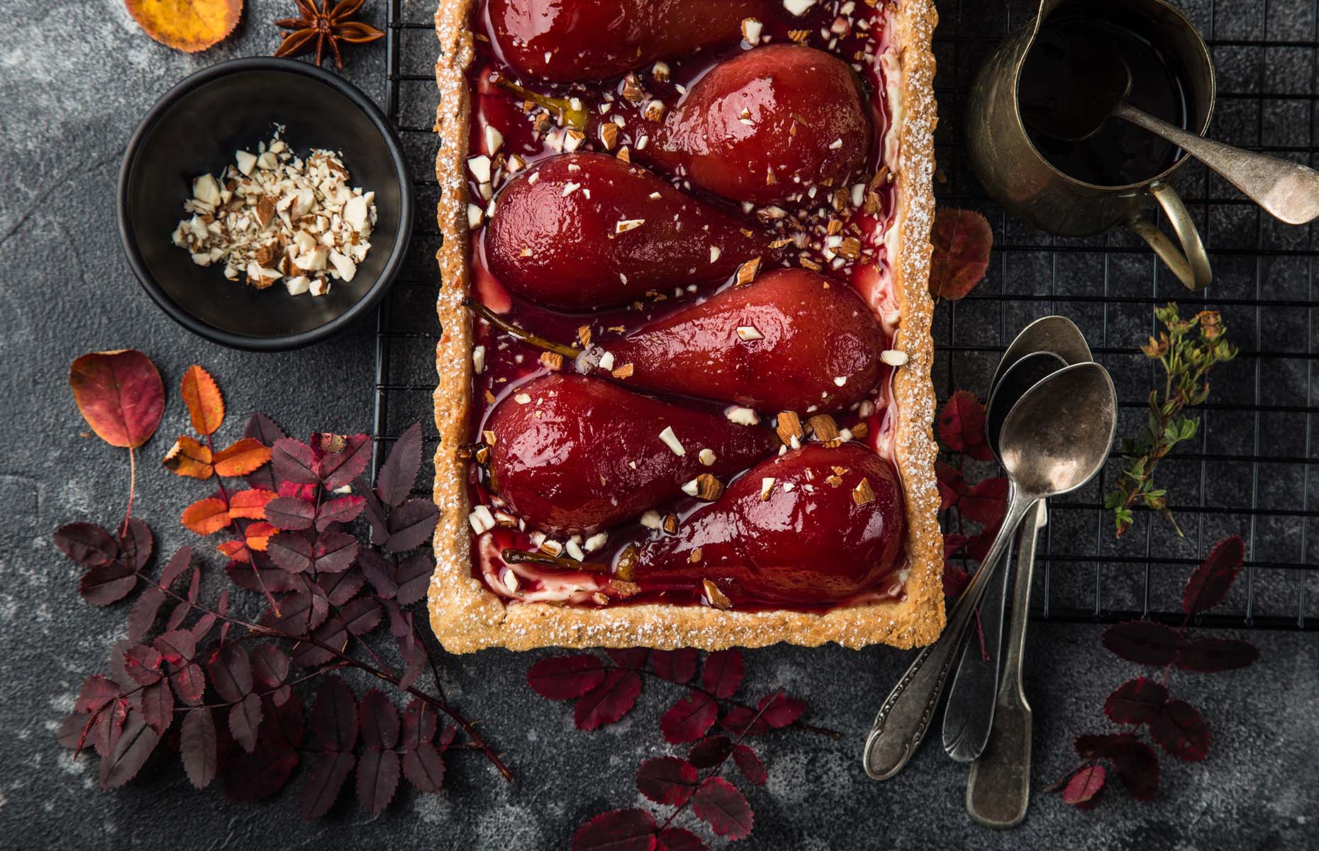 Mulled wine poached pear tart (Image: Anna Shepulova/Shutterstock)