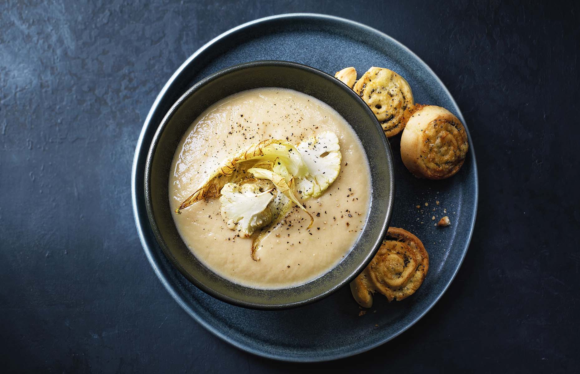 Vegetarian cauliflower soup with cheese twirls (Image: Waitrose & Partners/loveFOOD)