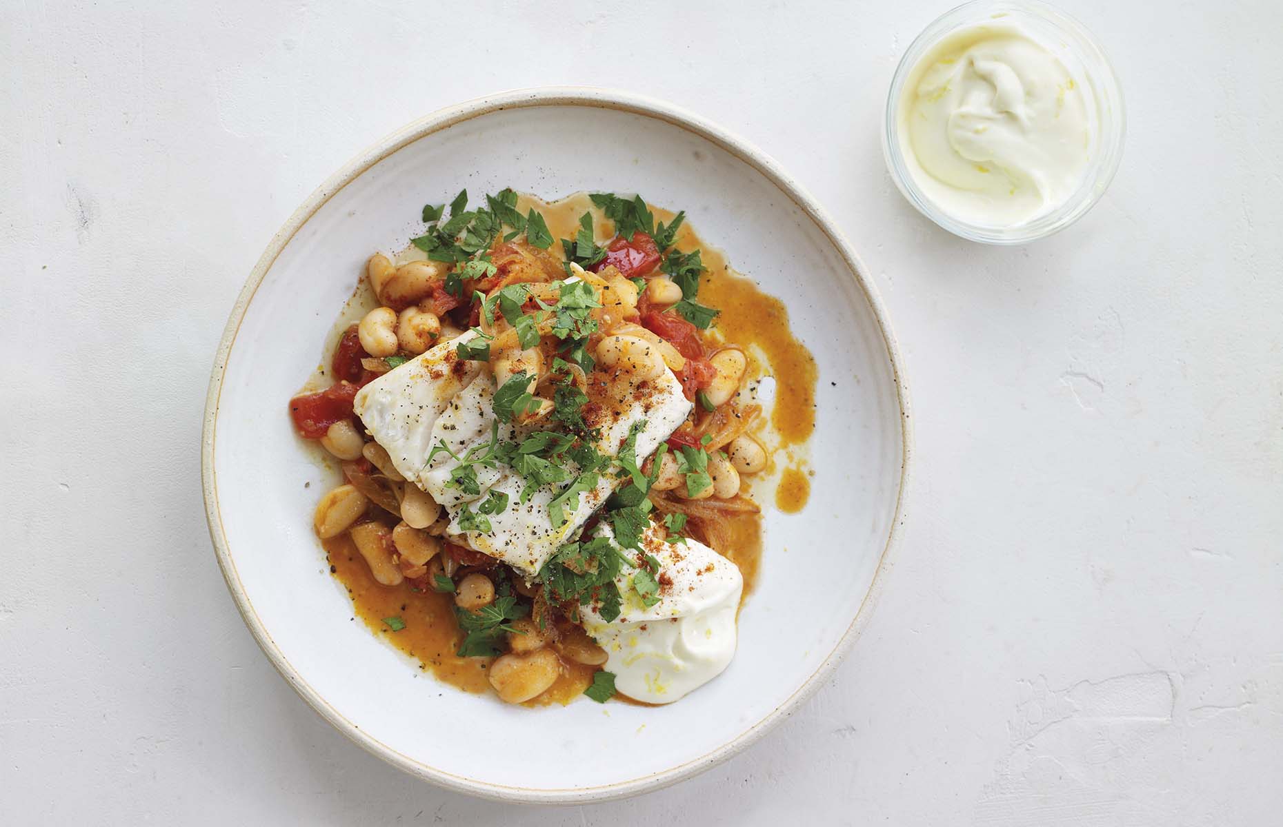 Hake and butter beans with lemon mayonnaise