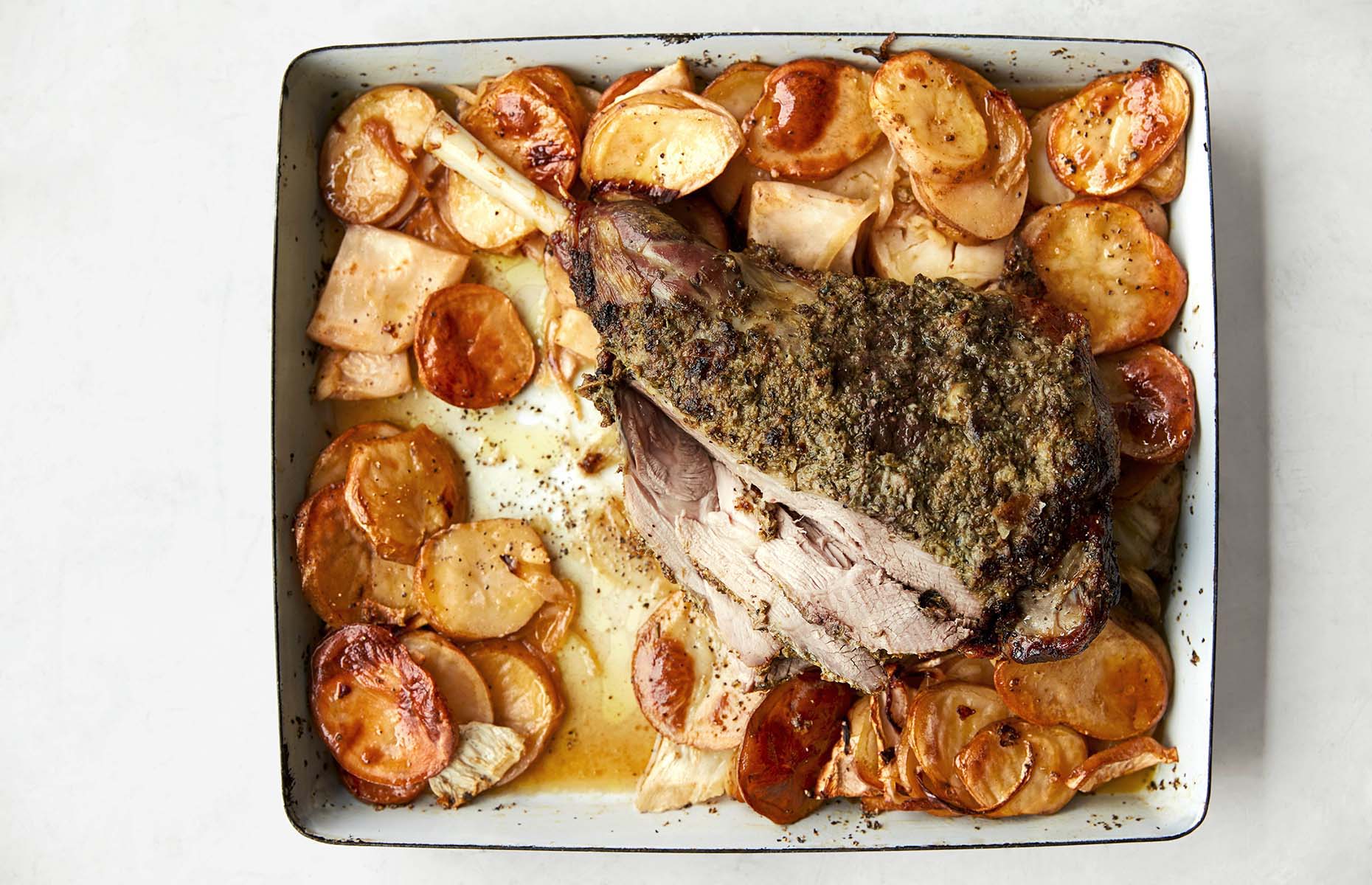 Roast leg of lamb with caper and herb crust