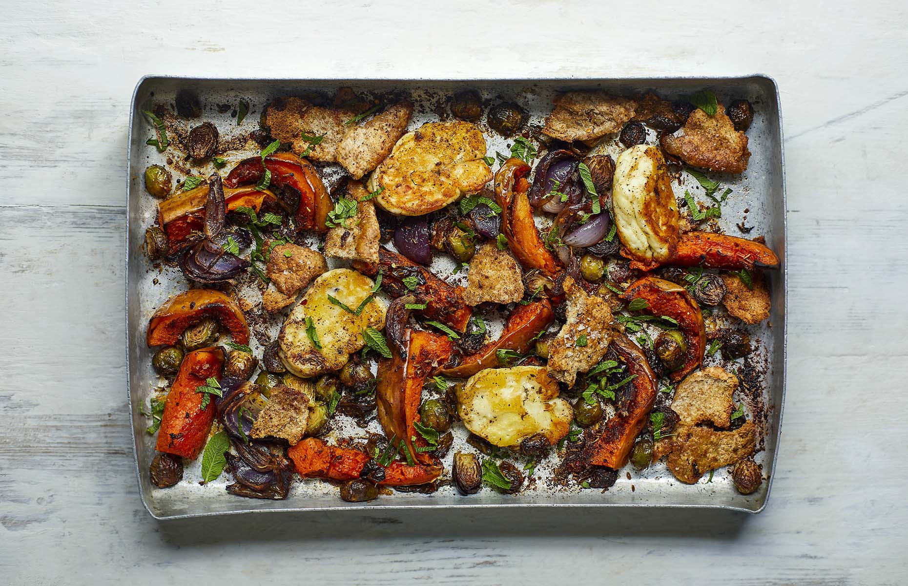 Roasted winter vegetable bake with halloumi