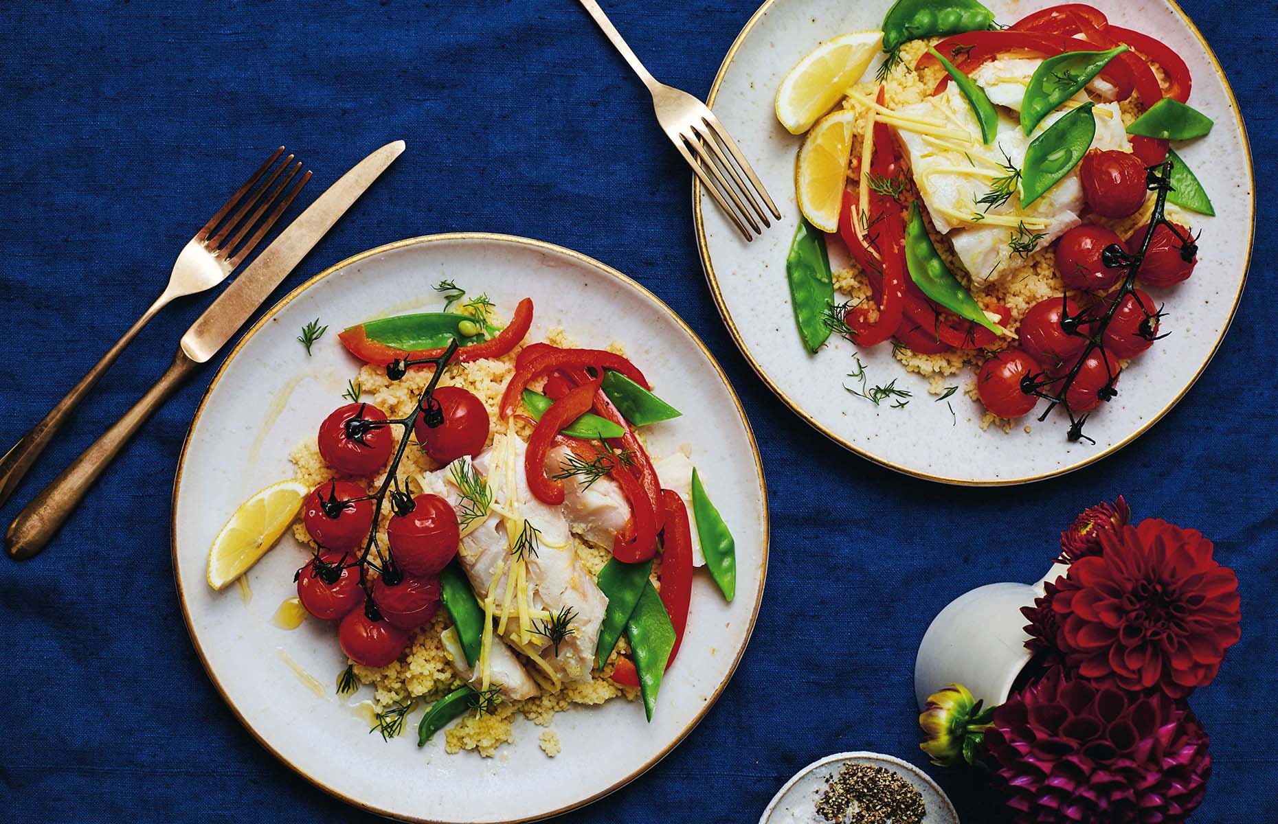 Lemony tomato, pepper and cod parcels (Image: Happy Cooking /Ebury Press)