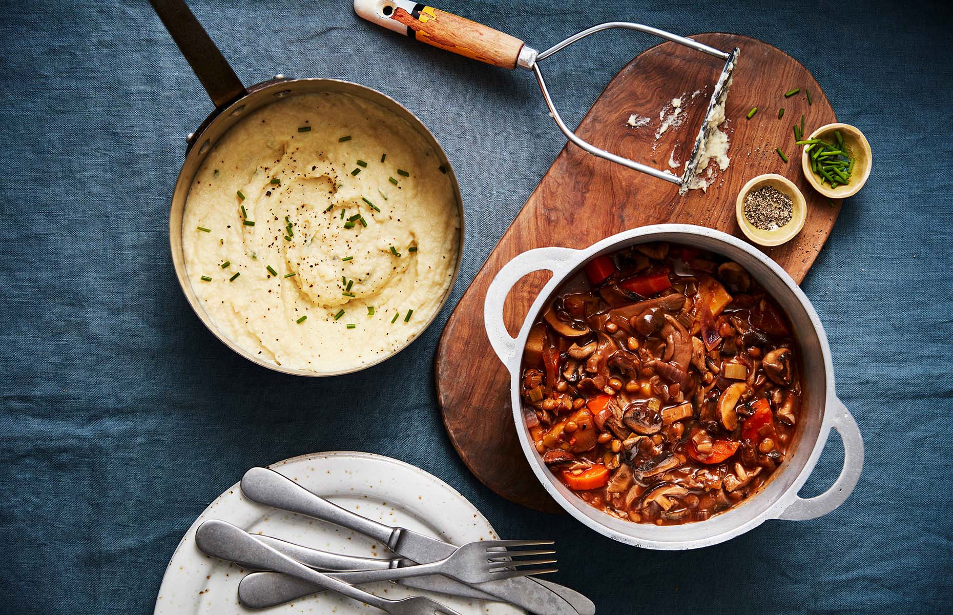 Cauliflower mash with mushroom stew (Image: Great British Vegan/White Lion Publishing)