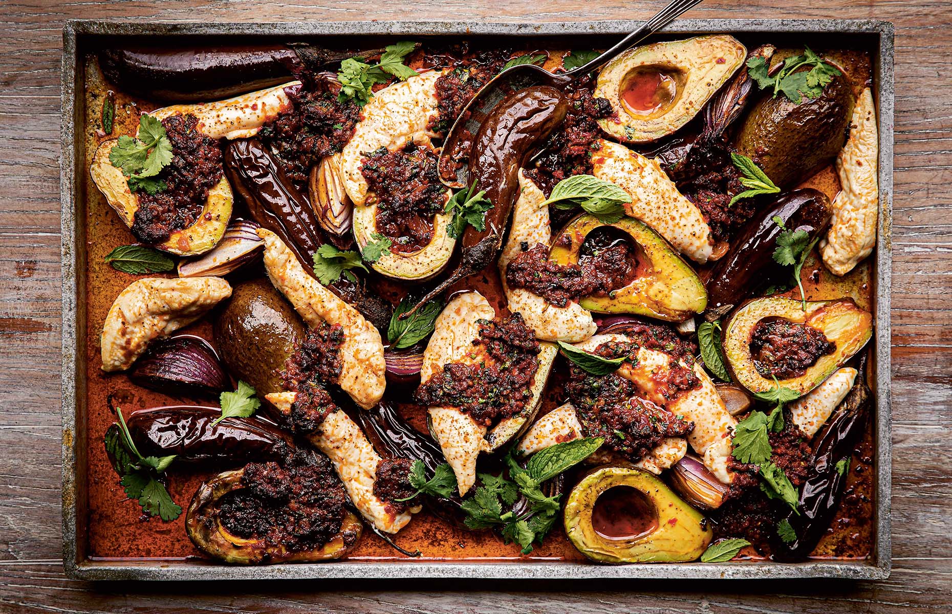 Roast avocado and chicken with 'nduja butter (Image: John Carey)