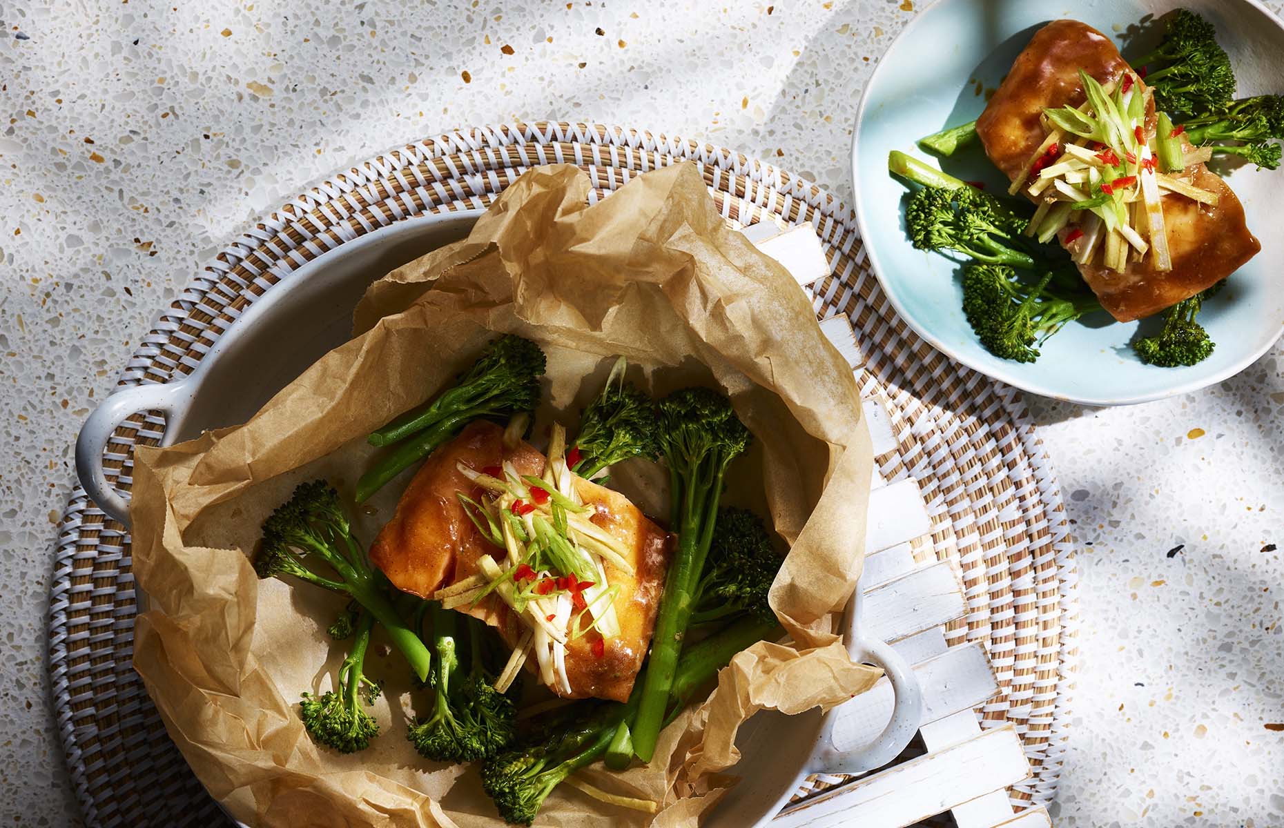 Ginger salmon with oyster sauce and broccoli