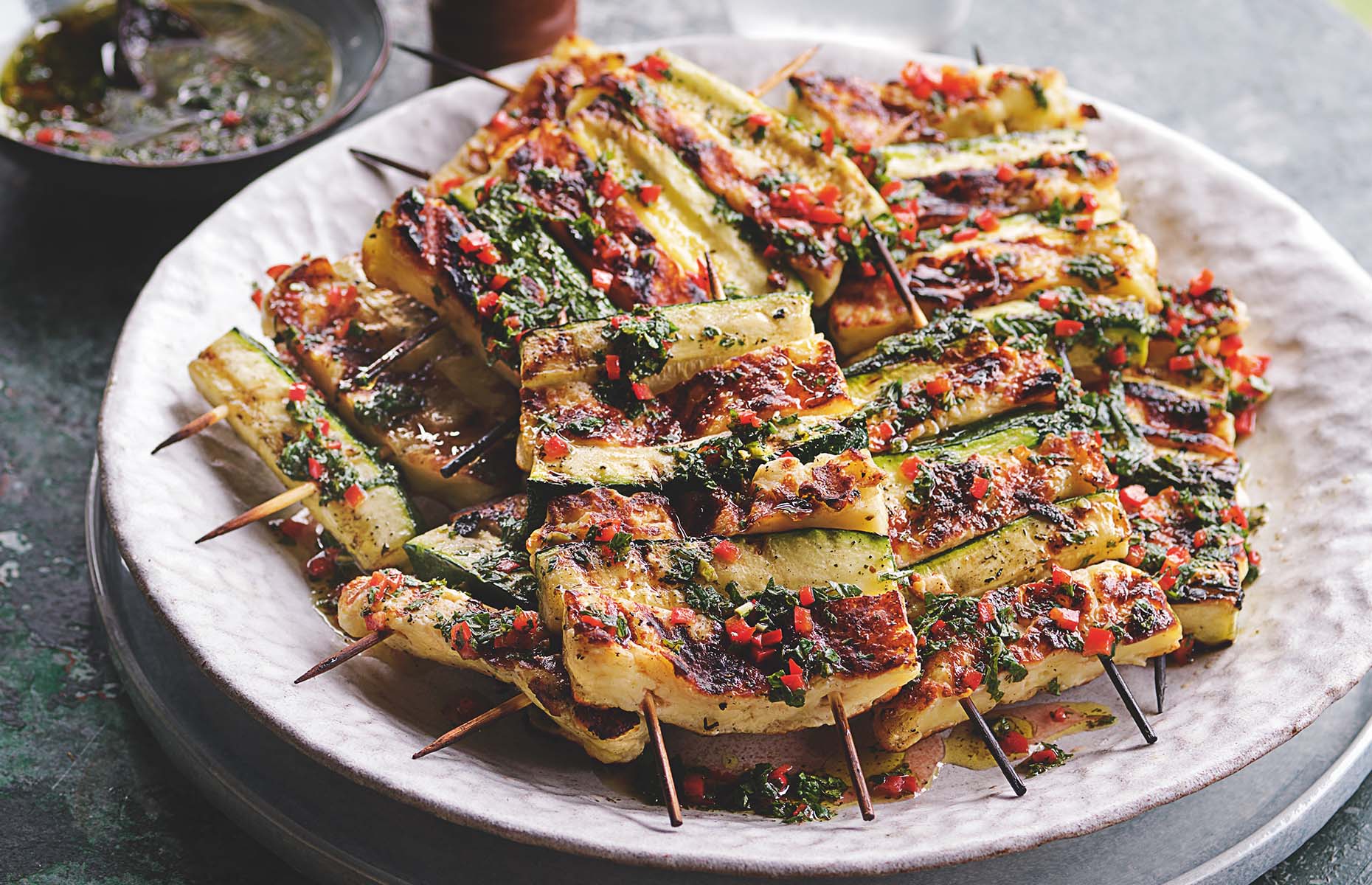 Courgette and halloumi skewers from Tom Kerridge's Outdoor Cooking (Photography by Christian Barnett)