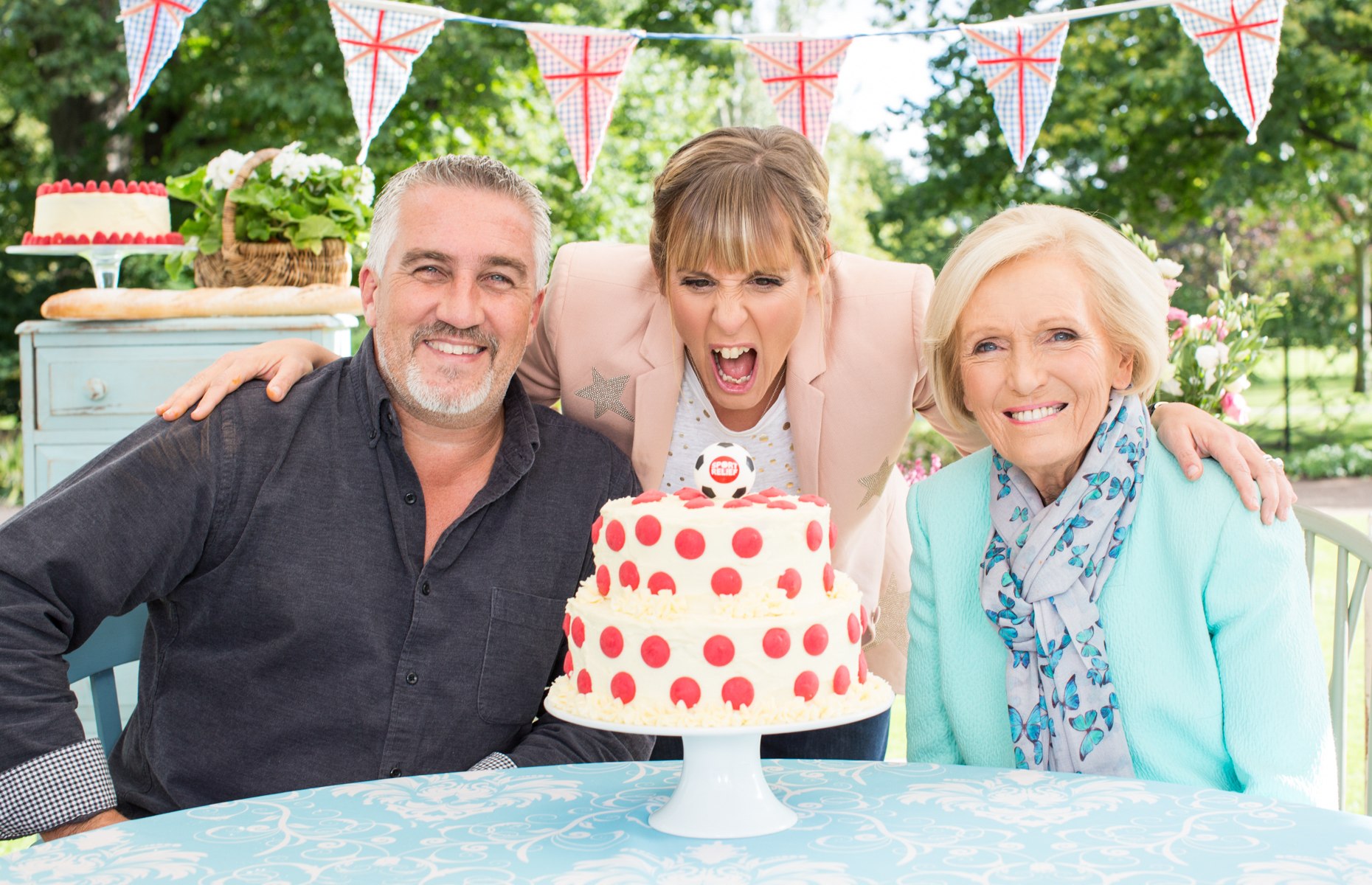 Great British Bake Off judges Mary Berry and Paul Hollywood with Mel Giedroyc in 2016 (Image: Victoria Dawe/Comic Relief/Getty Images)