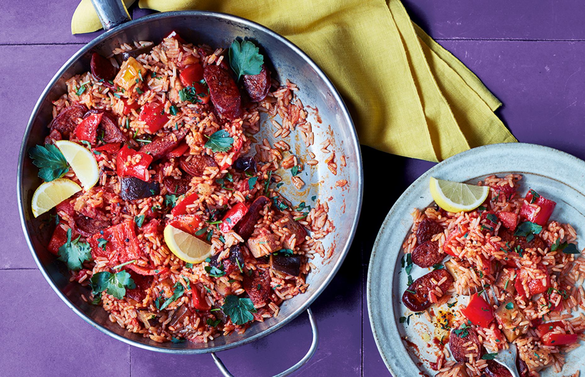 Lisa Faulkner's Spanish aubergine and chorizo rice (Image: Ocado)