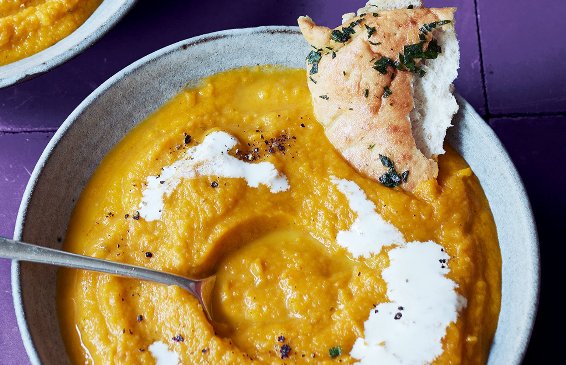 Lisa Faulkner's roasted carrot and sage soup with garlic pittas (Image: Ocado)