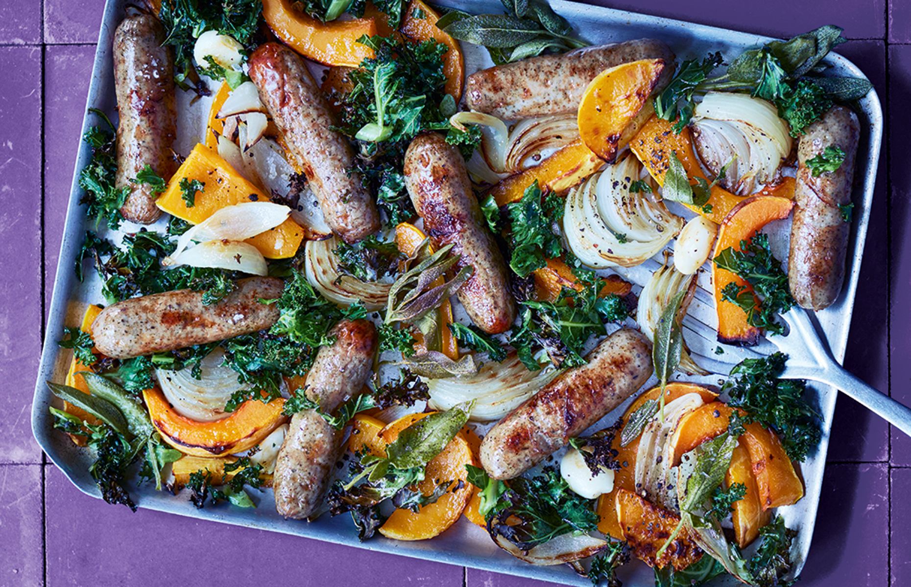 Lisa Faulkner's sausage, squash and sage traybake (Image: Ocado)