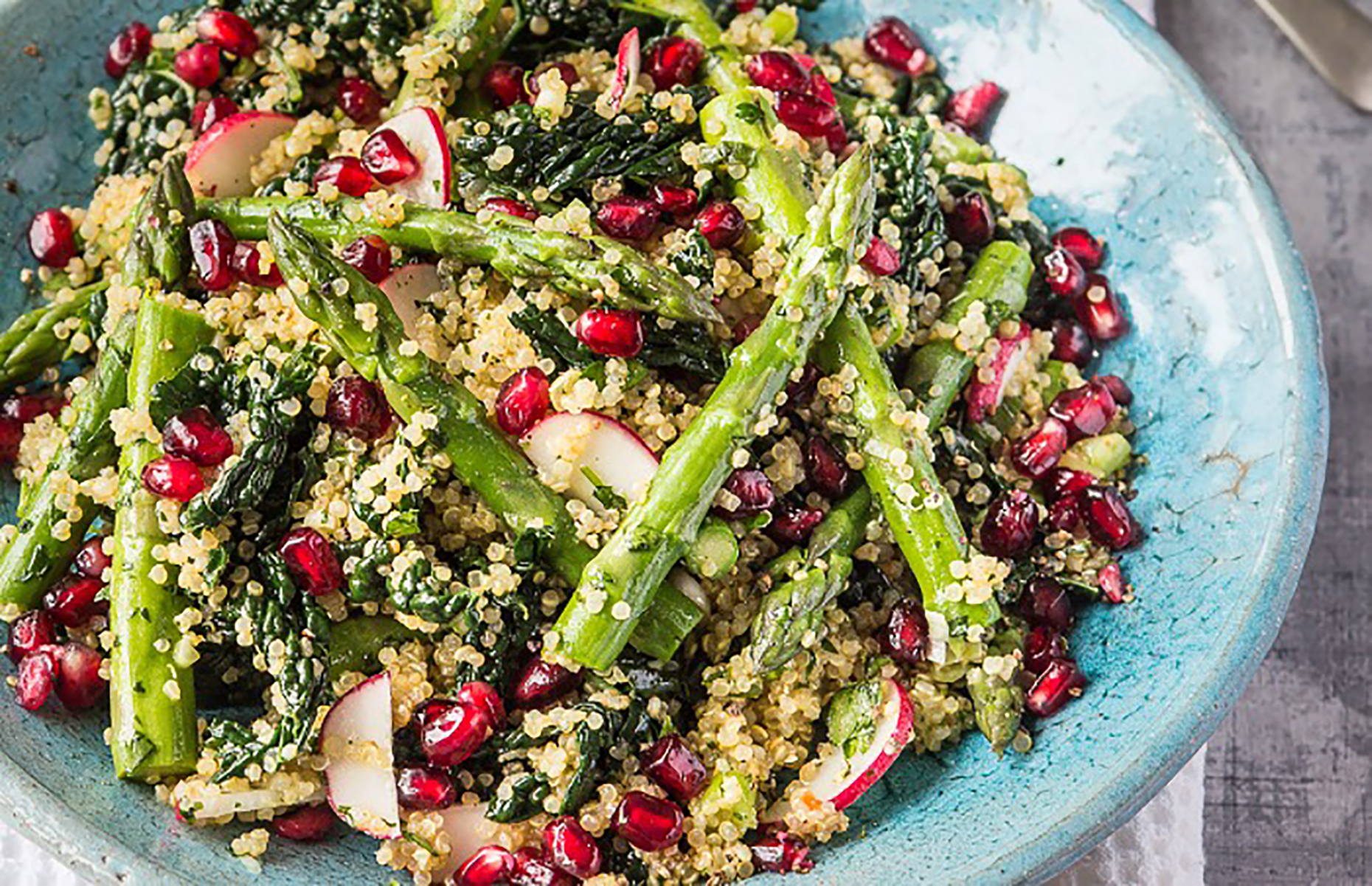 Quinoa, kale, pomegranate and asparagus salad (Image: British Asparagus/loveFOOD)