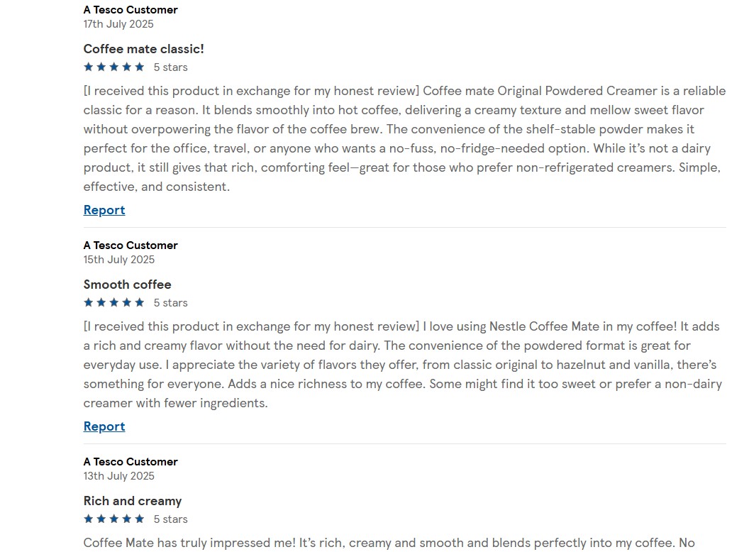 Coffeemate reviews on the Tesco site (Image: Tesco)