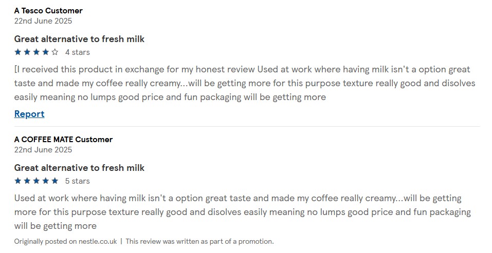 Coffeemate reviews on the Tesco website (Image: Tesco)