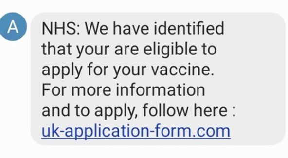 Fake NHS COVID-19 vaccine text message. (Image: CTSI)