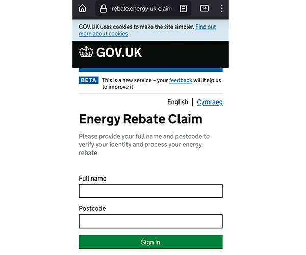 Fake energy bill rebate scam site (Image: lovemoney)
