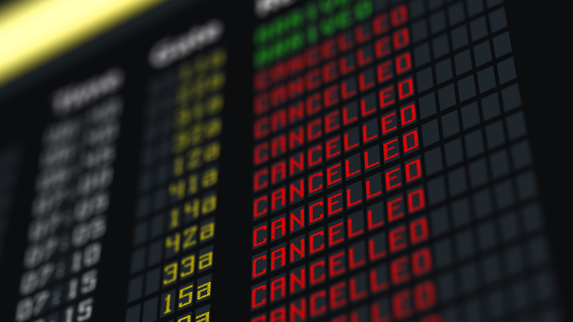 Cancelled flights on airport screen. (Image: Shutterstock)