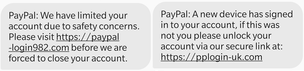 Examples of PayPal scam texts. (Image: loveMONEY)