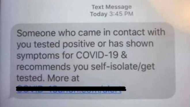Example of a COVID-19 contact tracing scam text. (Image: Chartered Trading Standards Institute)
