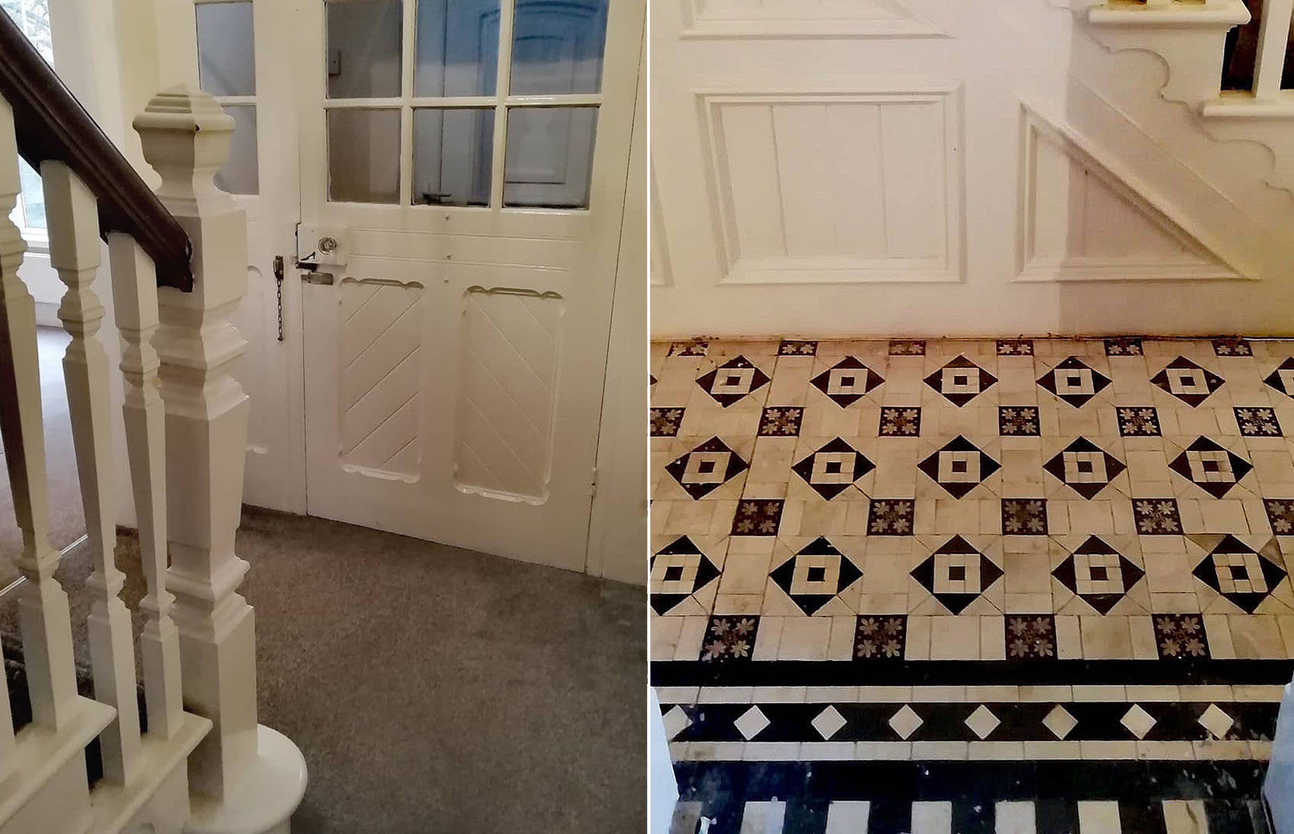 Original monochrome tiles were uncovered beneath the carpet in this hallway. Image: @renovating_brynteg / Instagram