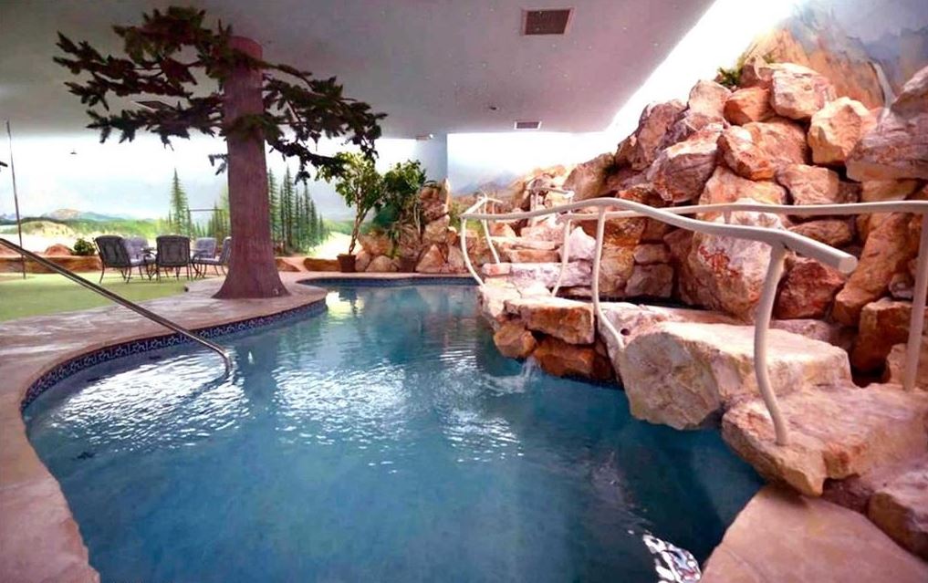 Faux boulders, trees and a rock walkway line the poolside. Image: Berkshire Hathaway
