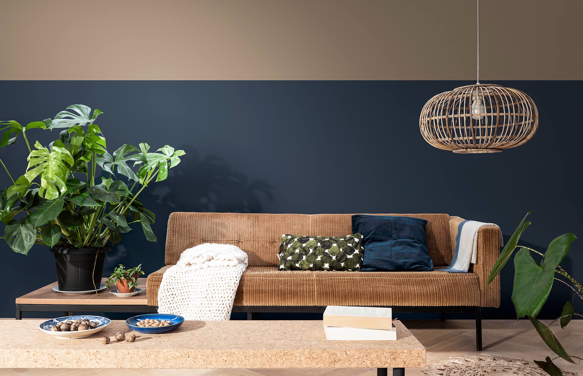 Brave Ground works with on-trend dark blues in this cosy living room.