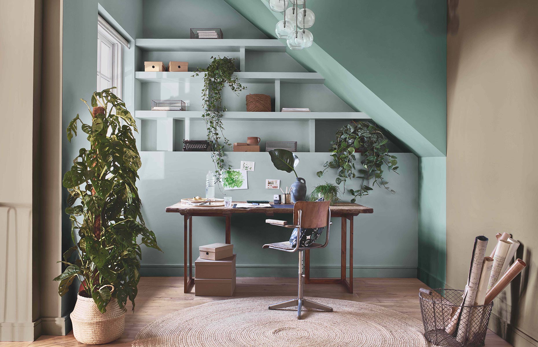 Paired with soft green, the COTY 2021 is perfect for creating focused work spaces.